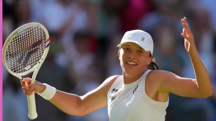 Iga Swiatek reacts after reaching the Wimbledon final