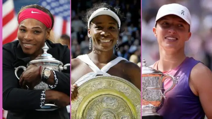 L-R: Serena Williams, Venus Williams, and Iga Swiatek.