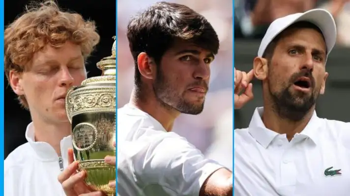 L-R: Jannik Sinner, Carlos Alcaraz, and Novak Djokovic.